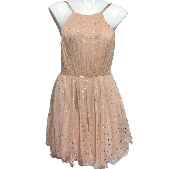 City Studio Fit And Flare Mini Dress Sheer Spaghetti Strap Gold Stars Size 11 - Picture 3 of 13